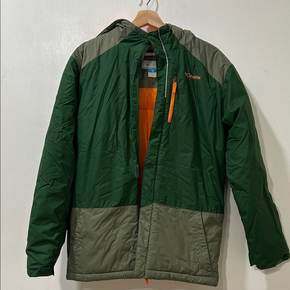 COLUMBIA YOUTH PERFORMANCE RAIN HOODED JACKET SAGE GREEN ORANGE Sz XL